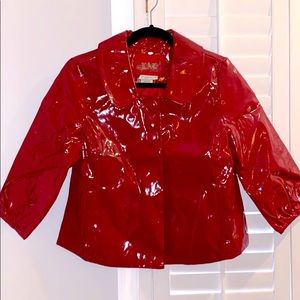 Live A Little red patent crop trench coat Y2K